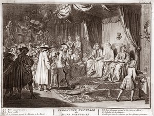 Juutalaiset häät portugalilaisessa juutalaisessa yhteisössä Kaiverrus aiheesta "" Kuvitus maailman kaikkien kansojen seremonioista ja uskonnollisista tavoista"" Bernard Picart (1723-1743) 1819 Yksityinen kokoelma tekijältä Bernard Picart