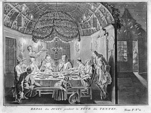 Juutalaisuus: ateria juutalaisille Sukkot (succot tai Sukkos) tabernaakkeleiden tai koppien juhlan aikana) Kaiverrus Bernard Picartin (1723-1743) kuvista "Illustration de ceremonies et customs religieuses de tous les peuples du monde" 1819 Yksityinen kokoe tekijältä Bernard Picart