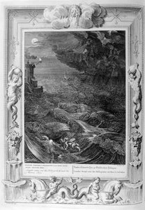 Leander ui Hellespontin yli tavatakseen rakastajatar sankarinsa, 1733 tekijältä Bernard Picart