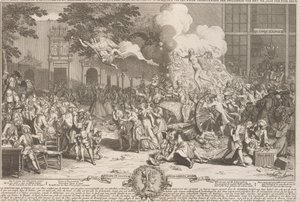 Muistomerkki vuoden 1720 hulluuden muistoksi Monument consacré a la posterité ja memoire de la foil incroyable de la XX. Anne du XVIII. siecle / XX:n hulluuden ikuiseen muistoon. vuosi XVIII. vuosisadan (nimi esineessä) huh tekijältä Bernard Picart