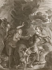 Orpheus, joka johtaa Eurydicen ulos helvetistä, katsoo takaisin häneen ja menettää hänet ikuisesti, 1731 tekijältä Bernard Picart