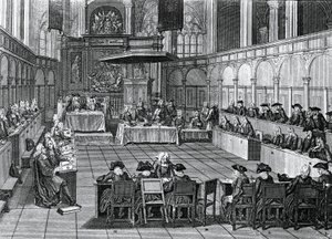Protestanttinen synodi pidettiin vuonna 1730 Nieuwe Kerkissä (uusi kirkko) Amsterdamissa, Alankomaissa, kaiverrus Bernard Picart (1673-1733) tekijältä Bernard Picart