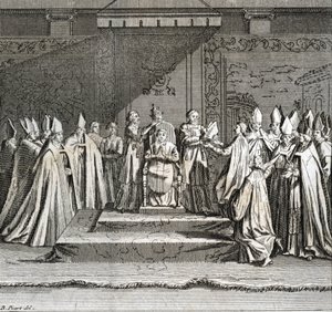 Paavin juhlallinen vihkiminen "" Representation du coronation du pope"" (paavin virkaanastujaiset: paavin kruunajaiset) Kaiverrus Bernard Picartin (1723-1743) kuvasta "Kuvaus maailman kaikkien kansojen seremonioista ja uskonnollisista tavoista" tekijältä Bernard Picart