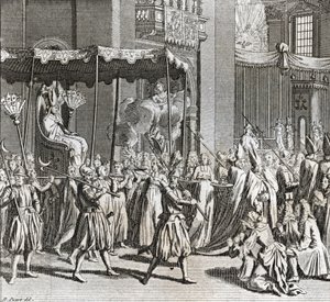 Paavin juhlallinen vihkiminen: kankaan polttaminen) Kaiverrus Bernard Picartin (1723-1743) teoksesta "Illustration de ceremonies et customs religieuses de tous les peuples du monde" 1819 Yksityinen kokoelma tekijältä Bernard Picart