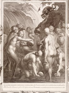 Danaidit, jotka on tuomittu täyttämään tylsiä aluksia vedellä, 1730 tekijältä Bernard Picart