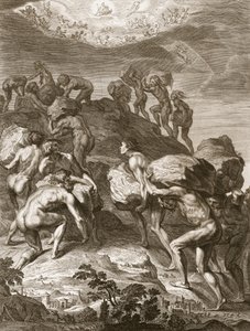 Jättiläiset yrittävät kiivetä taivaaseen kasaamalla vuoria toistensa päälle, 1731. tekijältä Bernard Picart