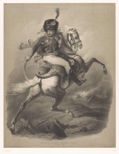Hyökkäävä upseeri hevosen selässä Le chasseur de la garde (otsikko esineessä) Uusia litografioita kahdella liidulla (sarjan nimi) Nouveaux-ryhmät aux deux värikynät (sarjan nimi esineessä)
