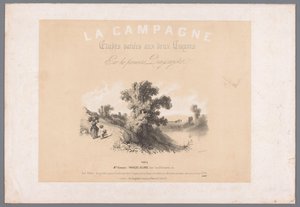 Kansi kuudelle maalaiselämää kuvaavalle printille La kampanja. Etudes varieés aux deux Crayons par les premiers Paysagistes (otsikko esineessä) Maaseutuelämän kuvaukset (sarjan nimi) La kampanja. Etudit vaihtelevat tekijältä Bernard Romain Julien