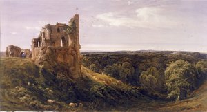 Raunioitu linna maisemassa (Knaresborough Castle) (akvarelli paperille)