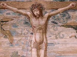 Flanderin kuvakudos. Kaarle V:n sarja Dais (Itävallan Margaretan baldakin). Armon Kristus (Cristo de la Misericordia). Seinäpaneelin takana. Malli Bernard van Orley (1491-1542). Valmistus Pieter de Pannemaker, Bryssel. 1518-1524. Kangas G tekijältä Bernard van Orley