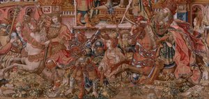 Flanderin kuvakudos. Sarja The Honours. Fame (La Fama). Sarjan kolmas kuvakudos. Mallisarjakuvapiirtäjät Bernard van Orleyn ja Jan Gossaertin (Mabuse) piiristä. Valmistus Pieter van Aelst, Bryssel. Noin 1550. Kangas Kulta, hopea, silkki ja villa. tekijältä Bernard van Orley