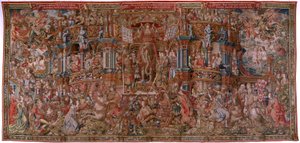 Flanderin kuvakudos. Sarja The Honours. Fame (La Fama). Sarjan kolmas kuvakudos. Mallisarjakuvapiirtäjät Bernard van Orleyn ja Jan Gossaertin (Mabuse) piiristä. Valmistus Pieter van Aelst, Bryssel. Noin 1550. Kangas Kulta, hopea, silkki ja villa. tekijältä Bernard van Orley