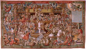 Flanderin kuvakudos. Sarja The Honours. Infamy (La Infamia). Sarjan kuudes kuvakudos. Mallisarjakuvapiirtäjät Bernard van Orleyn ja Jan Gossaertin (Mabuse) piiristä. Valmistus Pieter van Aelst, Bryssel. Noin 1550. Kangas Kulta, hopea, silkki ja villa.