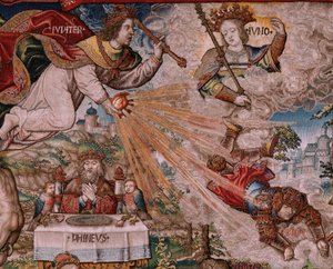 Flanderin kuvakudos. Sarja The Honours. Oikeus (La Justicia, Los Honores). Sarjan yhdeksäs kuvakudos. Mallisarjakuvapiirtäjät Bernard van Orleyn ja Jan Gossaertin (Mabuse) piiristä. Valmistus Pieter van Aelst, Bryssel. Noin 1550. Kangas Kulta, hopea, tekijältä Bernard van Orley