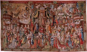 Tapís flamenc. Sèrie Els Honors. Justícia (La Justicia, Los Honores). Novè tapís de la sèrie. Dibuixants models del cercle de Bernard van Orley i Jan Gossaert (Mabuse). Manufactura Pieter van Aelst, Brussel·les. Ca 1550. Tela Or, plata, finlandès tekijältä Bernard van Orley