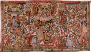 Flanderin kuvakudos. Sarja The Honours; Aatelisto (La Nobleza). Sarjan neljäs kuvakudos. Mallisarjakuvapiirtäjät Bernard van Orleyn ja Jan Gossaertin (Mabuse) piiristä. Valmistus Pieter van Aelst, Bryssel. Noin 1550. Kangas Kulta, hopea, silkki ja woo