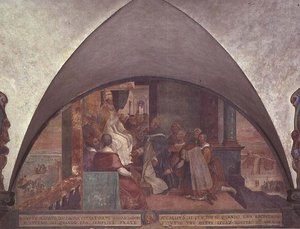 St. Antoninus esittelee itsensä paavi Eugenius III:lle suurlähettiläänä, lunette (fresko)