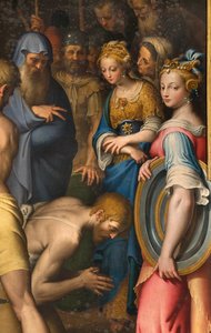 Neitsyt Marian kappeli, toinen jänne pohjoispuolella, Bernardino Campi, Kastajan dekolaatio 1569, yksityiskohta
