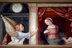 Ilmoitus, yksityiskohta Neitsytsyklistä (1553), Bernardino Laninon (1512-1583) fresko, alempi sakristi Novaran katedraalissa, Piemontessa, Italiassa