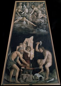 Tulivuoren pajassa taottuja jumalallisia aseita pilvissä makaavien enkelien edessä, Yksityiskohta (Fresko tekijältä Bernardino Luini