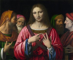 ""Kristus ja lain tohtorit"" Bernardino Luinin (1481-1532) maalaus, noin 1515-1530 Koko 72,4x85,7 cm Lontoo, National Gallery - Luini, Bernardino (n. 1480-1532) Kristus lääkäreiden joukossa Öljy puulle c. 1520 National Gallery, Lontoo 72,4x85,7 tekijältä Bernardino Luini