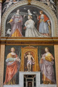 Pyhä Apollonia ja Saint Lucy, huipulla, Ippolita Sforza pyhimysten ja nunnien ympäröimänä, Bernardino Luinin fresko Saint Maurice kirkossa Maggioren luostarissa Milanossa Lombardiassa, Italiassa tekijältä Bernardino Luini