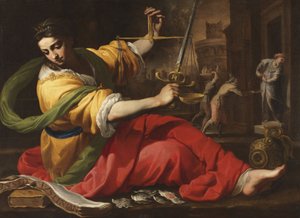 Allegorie de la Justice – oikeudenmukaisuuden allegooria, kirjoittanut Mei, Bernardino (1612-1676). Öljy kankaalle