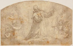 St Bruno surrounded by angels with a crosier and a mitre