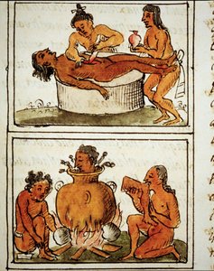 Atsteekkien ihmisuhri ja kannibalismi. Käsikirjoitus Bernardino Sahagun tekijältä Bernardino de Sahagun