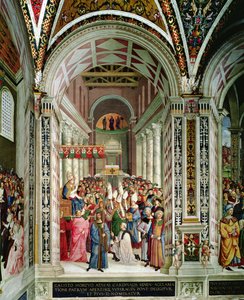 Aeneas Sylvius Piccolomini (1405-64), Pius II:n nimellä valittu paavi, astuu Pyhän Pietarin kirkkoon, 3. syyskuuta 1458 tekijältä Bernardino di Betto Pinturicchio