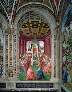 Aeneas Sylvius Piccolomini (1405-64) tekee alistumisen paavi Eugenius IV:lle (1383-1447) 7. helmikuuta tekijältä Bernardino di Betto Pinturicchio