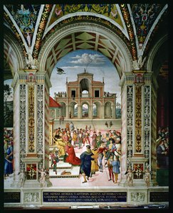 Aeneas Sylvius Piccolomini (1405-64) on Fredrik III:n (1415-93) kruunattu runoilijapalkinto vuonna 1442. tekijältä Bernardino di Betto Pinturicchio