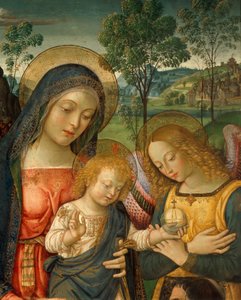Yksityiskohta Bernardino Pinturicchion (noin 1452-1513) Our Lady of Peace -teoksen yläosasta, öljy paneelille