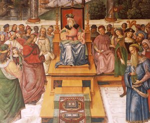 Enea Silvio Piccolomini tapaa Skotlannin kuninkaan James I:n, yksityiskohta Pius II:n tarinoista tekijältä Bernardino di Betto Pinturicchio