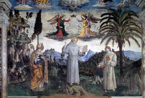 Sienan Bernardinon kunnia. Yksityiskohta Saint Louis Anjoulaisen ja Pyhän Anthony Padovalaisen välillä (Fresko, n. 1486) tekijältä Bernardino di Betto Pinturicchio