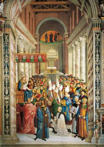 Italia, Siena, katedraali, Piccolomini-kirjasto, paavi Pius II:n kruunaus, yksityiskohta Pius II:n tarinoista