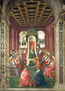 Italia, Siena, katedraali, Piccolominin kirjasto, Enea Silvio Piccolomini alistumassa paavi Eugenius IV:lle, yksityiskohta Pius II:n tarinoista tekijältä Bernardino di Betto Pinturicchio