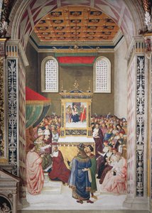 Italia, Siena, katedraali, Piccolomini-kirjasto, Enea Silvio Piccolomini saa kardinaalihatun Calixtus III:lta, yksityiskohta Pius II:n tarinoista