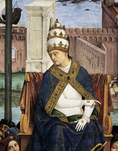 Italia, Siena, katedraali, Piccolomini-kirjasto, Pius II saapuu Anconaan nopeuttamaan ristiretkeä, yksityiskohta Pius II:n tarinoista tekijältä Bernardino di Betto Pinturicchio