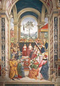Italia, Siena, katedraali, Piccolomini-kirjasto, Pius II kokoontui Mantovaan ruokavalioon, joka järjestettiin suunnittelemaan ristiretkeä turkkilaisia vastaan, yksityiskohta Pius II:n tarinoista tekijältä Bernardino di Betto Pinturicchio