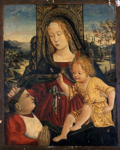 Madonna ja lapsi, kardinaali hyväntekijänä, n. 1500 (tempera poppelilla)