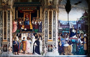Pius II saapuu Anconaan aloittamaan ristiretken (1500-luku), Pinturicchion fresko (1452-1513), Piccolomini-kirjasto, Sienan katedraali, Toscana, Italia tekijältä Bernardino di Betto Pinturicchio