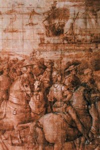 Valmisteleva sarjakuva elokuvaan "Aeneas Sylvius Piccolomini (1405-64) Matkat Baselin neuvostoon" (kynä ja muste paperille) (yksityiskohta) tekijältä Bernardino di Betto Pinturicchio