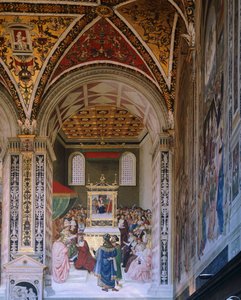 Tarinoita Pius II:sta: Bernardino Pinturicchio (noin 1452-1513) valitsi Piccolominin kardinaaliksi, Piccolominin kirjasto, Sienan katedraali tekijältä Bernardino di Betto Pinturicchio