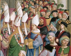 Cardinals käsittelee maallisten katsojien joukkoa, yksityiskohta "Aeneas Sylvius Piccolomini (1405-1464), joka valittiin paaviksi nimeltä Pius II, saapuu Pyhän Pietarin kirkkoon", 3. syyskuuta 1458 tekijältä Bernardino di Betto Pinturicchio