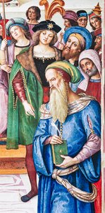 Piccolomini-kirjasto, koillisseinä: "Aeneas Sylvius pitää puheen Skotlannin kuninkaalle James I:lle, talvi 1435" tekijältä Bernardino di Betto Pinturicchio
