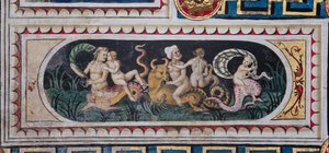 Piccolomini-kirjasto, katto: pienempi paneeli meritiasuskohtauksella (tritonit, putto ja nereid), Bernardino di Betton, Pinturicchio, fresko. tekijältä Bernardino di Betto Pinturicchio