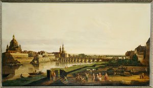 Näkymä Dresdeniin Elbe-joen oikealta rannalta Augustusbrucken yläpuolelta tekijältä Bernardo Bellotto