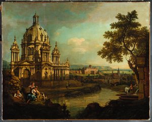 Capriccio kupolikirkon ja rakennusten kera Pirnassa, n. 1765 tekijältä Bernardo Bellotto