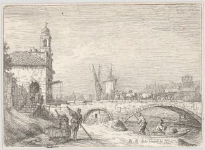 Capriccio, jossa on silta ja porttirakennus Padovan Porta Portellon tyyliin tekijältä Bernardo Bellotto